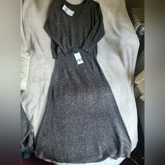 Zara set co-ord sequin knit sweater & midi skirt A-line taupe/brown sz M BNWT - Picture 9 of 13